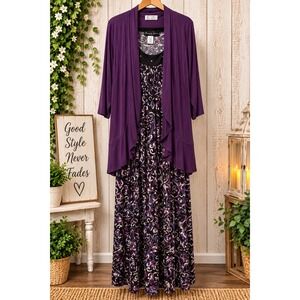 Appropriate Behavior Purple Paisley Maxi Dress & Cardigan Set Plus 1X 16W
